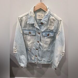 Thread & Supply Distressed Light Blue Denim Jacket Button Pockets Women’s Large
